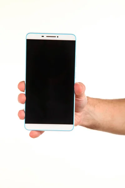 Human Hand Holds Modern Smartphone Blank Chromakey Screen Palm Technology — Stock Photo, Image