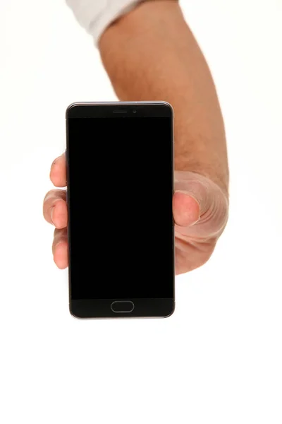 Tangan Manusia Memegang Smartphone Modern Dengan Layar Kromakey Kosong Telapak — Stok Foto