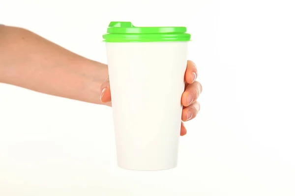 Human Hand Holds Blank Paper Coffee Cup Plastic Cap Concept — Stock Photo, Image