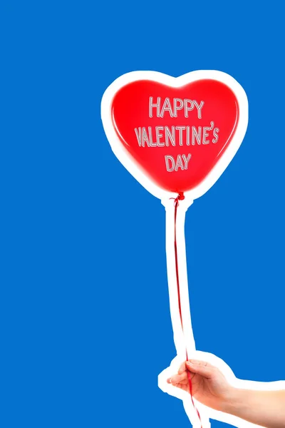 Female Hand Holds Red Rubber Inflatable Heart Shape Balloon Love — 스톡 사진