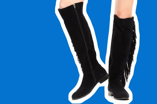 Calçado Roupa Senhora Pernas Femininas Magras Longas Usam Botas Couro — Fotografia de Stock