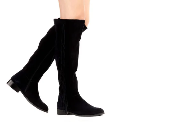 Calçado Roupa Senhora Pernas Femininas Magras Longas Usam Botas Couro — Fotografia de Stock