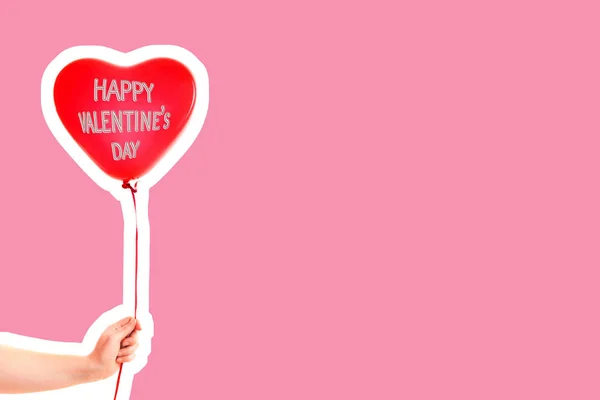 Female Hand Holds Red Rubber Inflatable Heart Shape Balloon Love — 스톡 사진