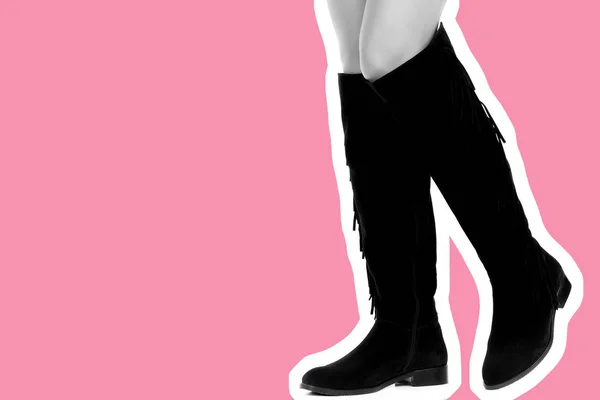 女装鞋袜 细长的女性腿穿着高脚皮靴 仿制空间的时尚模型 经典和休闲服装的概念 详细的特写镜头拍摄 杂志风格的时装拼贴 — 图库照片