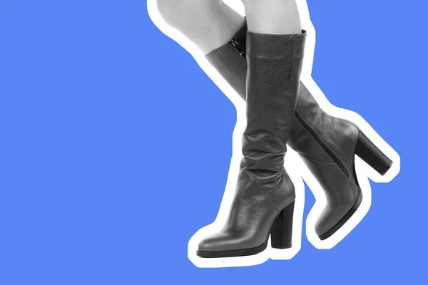 女装鞋袜 细长的女性腿穿着高跟鞋高靴 仿制空间的时尚模型 经典和休闲服装的概念 详细的特写镜头拍摄 杂志风格的时装拼贴 — 图库照片