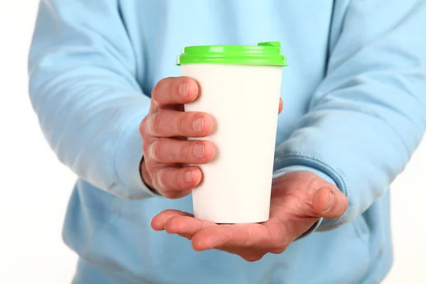 Human Hand Holds Blank Paper Coffee Cup Plastic Cap Concept — Stock Photo, Image