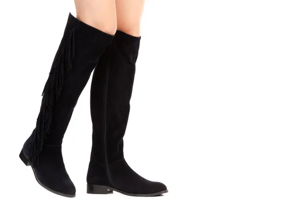 Calçado Roupa Senhora Pernas Femininas Magras Longas Usam Botas Couro — Fotografia de Stock