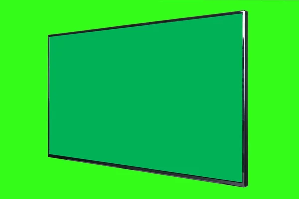 Modern high definition TV. LCD flat monitor with blank chromakey screen, isolated on abstract blurred green background. Technology and 4k television advertising concept. Detailed studio closeup