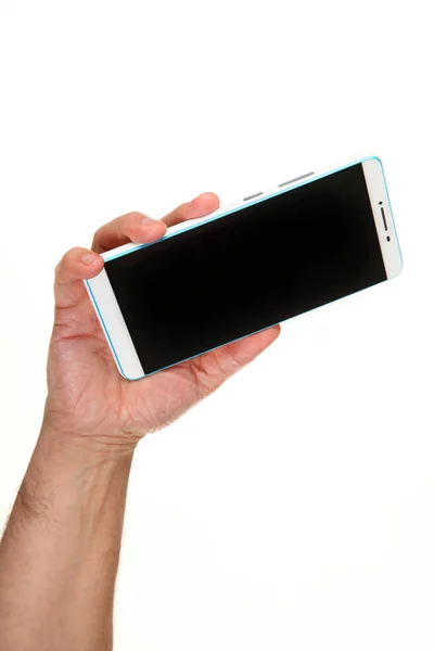 Human Hand Holds Modern Smartphone Blank Chromakey Screen Palm Technology — Stock Photo, Image