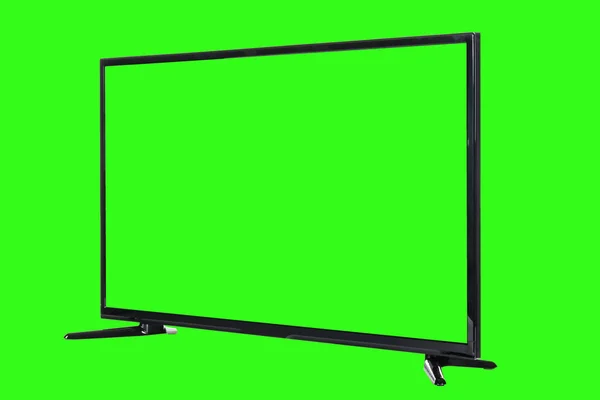 現代の高精細テレビ 抽象的なぼやけたクロマキーの背景に隔離された 空白の緑色の画面を持つ液晶フラットモニター 技術と4Kテレビの広告コンセプト 詳細なスタジオクローズアップ — ストック写真