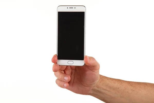 Mänsklig Hand Håller Modern Smartphone Med Blank Kromakey Skärm Handflata — Stockfoto