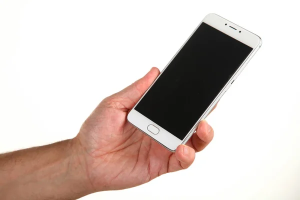 Main Humaine Tient Smartphone Moderne Avec Écran Chromatique Vierge Dans — Photo