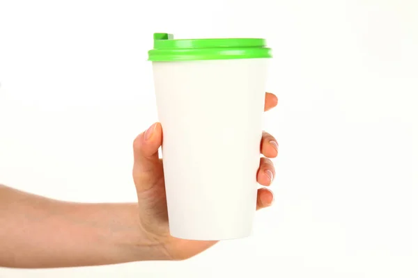 Människans Hand Håller Ett Tomt Papper Kaffekopp Med Plastlock Begreppet — Stockfoto