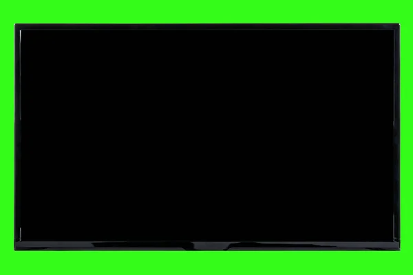 現代の高精細テレビ 抽象的なぼやけた緑の背景に隔離された 空白のクロマキー画面を持つ液晶フラットモニター 技術と4Kテレビの広告コンセプト 詳細なスタジオクローズアップ — ストック写真