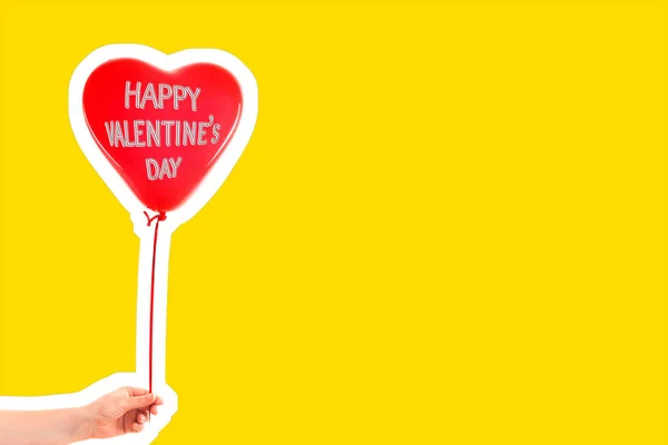 Female Hand Holds Red Rubber Inflatable Heart Shape Balloon Love — 스톡 사진