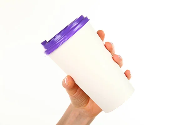 Menneskelig Hånd Holder Tom Kaffekopp Papir Med Plasthette Eller Kaffe – stockfoto