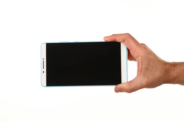 Mâna Umană Deține Smartphone Modern Ecran Cromakey Gol Într Palmă — Fotografie, imagine de stoc
