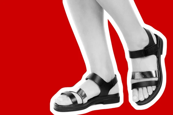 Damskie Obuwie Długie Szczupłe Kobiece Nogi Skórzanych Sandałach Moda Makieta — Zdjęcie stockowe
