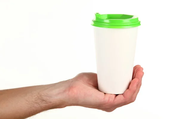 Die Menschliche Hand Hält Eine Leere Kaffeetasse Aus Papier Mit — Stockfoto