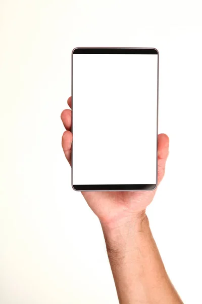 Menselijke Hand Houdt Een Moderne Smartphone Met Een Leeg Chromakey — Stockfoto
