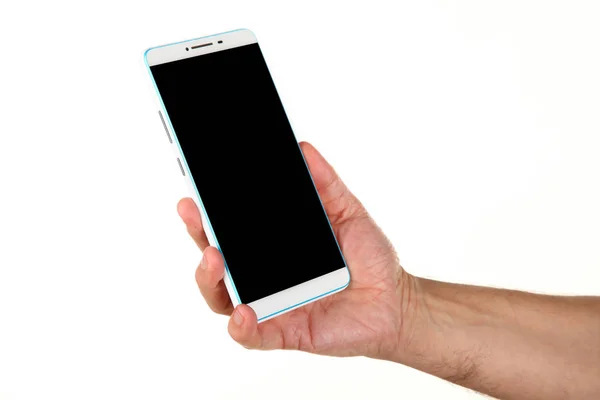 Main Humaine Tient Smartphone Moderne Avec Écran Chromatique Vierge Dans — Photo