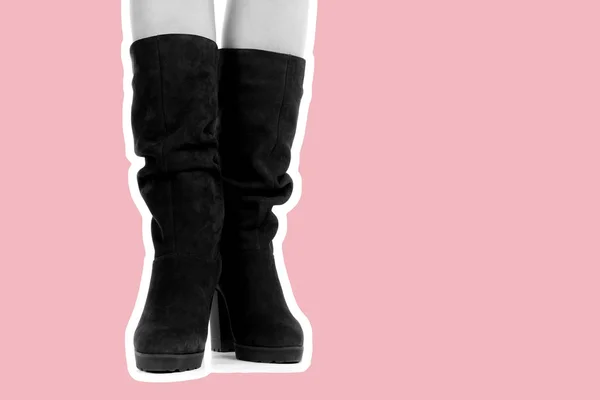 女装鞋袜 细长的女性腿穿着高跟鞋 仿制空间的时尚模型 经典和休闲服装的概念 详细特写镜头拍摄杂志风格的时装拼贴 — 图库照片