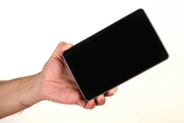 Human Hand Holds Modern Smartphone Blank Chromakey Screen Palm Technology — Stock Photo, Image