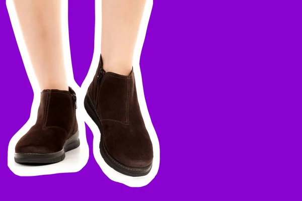 Ladies Outfit Footwear Long Slim Female Leg Wearing Low Leather — Stock Photo, Image