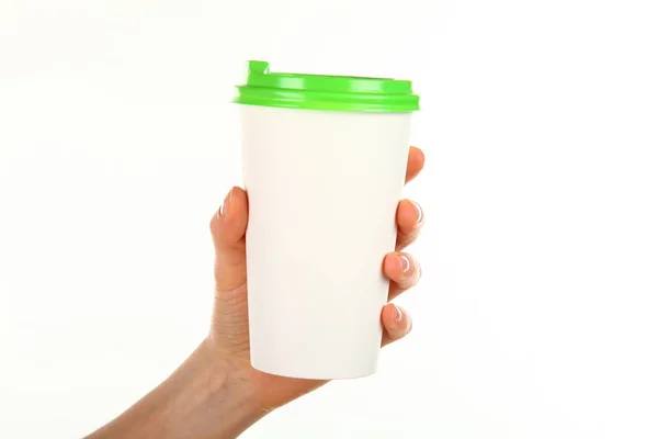 Рука Людини Тримає Чистий Папір Кавова Чашка Пластиковою Кришкою Концепція — стокове фото