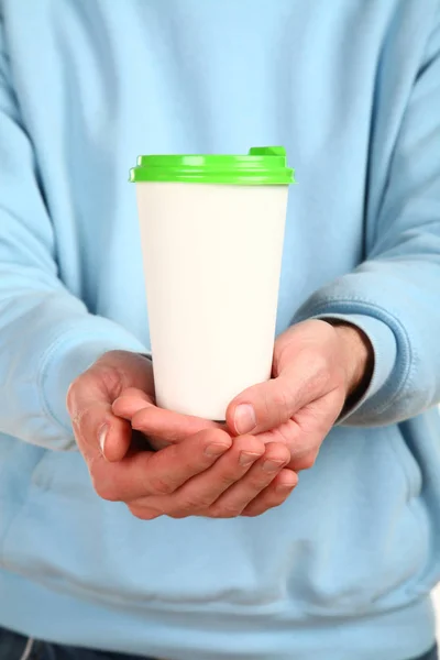 Mão Humana Segura Papel Branco Copo Café Com Tampa Plástico Imagem De Stock