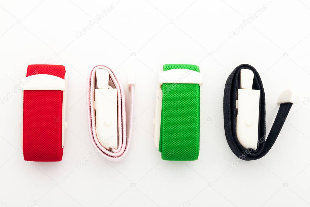 Flexible bandage and laboratory equipment isolated on a white background. Professional clinic instruments. Medical, surgery, ambulance and veterinarian concept. Closeup with soft selective focus