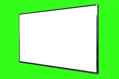 Modern yüksek çözünürlüklü televizyon. Lcd düz ekran, boş kromakey ekran, soyut, bulanık yeşil arkaplan üzerinde izole. Teknoloji ve 4K televizyon reklam konsepti. Ayrıntılı stüdyo kapanışı