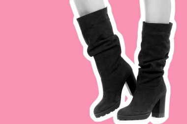 Bayan giysi ayakkabısı. Uzun ince kadın bacakları yüksek topuklu uzun çizme giyer. Fotokopi alanı olan moda modeli. Klasik ve günlük kıyafet konsepti. Ayrıntılı yakın çekim stüdyo çekimi. Dergi tarzı moda kolajı