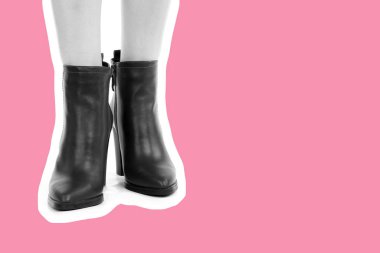 Bayan giysi ayakkabısı. Uzun ince kadın bacakları yüksek topuklu ayakkabı giyiyor. Fotokopi alanı olan moda modeli. Klasik ve günlük kıyafet konsepti. Ayrıntılı yakın çekim stüdyo çekimi. Dergi tarzı moda kolajı