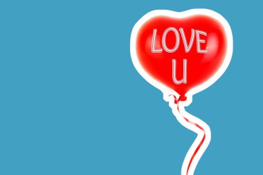 Kırmızı lastik şişme kalp şeklinde balon. Aşk, ilişki, sevgililer günü ve doğum günü kutlaması konsepti. Boş kopya alanı olan dergi tarzı moda kolajı