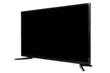 Modern yüksek çözünürlüklü televizyon. Lcd düz ekran, boş siyah renkli ekran, soyut, bulanık beyaz arkaplan üzerinde izole. Teknoloji ve 4K televizyon reklam konsepti. Ayrıntılı stüdyo kapanışı