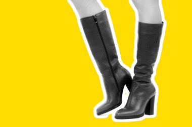 Bayan giysi ayakkabısı. Uzun ince kadın bacakları yüksek topuklu uzun çizmeler giyer. Fotokopi alanı olan moda modeli. Klasik ve günlük kıyafet konsepti. Detaylı yakın çekim stüdyo çekimi Magazin tarzı moda kolajı