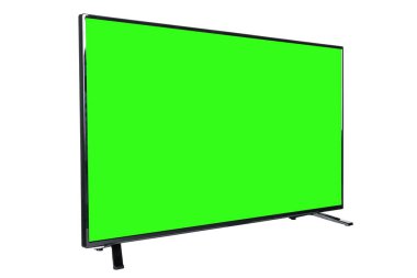 Modern yüksek çözünürlüklü televizyon. Lcd düz ekran, boş yeşil renkli ekran, soyut, bulanık beyaz arka planda izole edilmiş. Teknoloji ve 4K televizyon reklam konsepti. Ayrıntılı stüdyo kapanışı