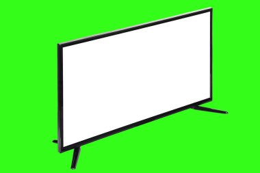 Modern yüksek çözünürlüklü televizyon. Lcd düz ekran, boş beyaz ekran, soyut yeşil krom anahtar arka planda izole. Teknoloji ve 4K televizyon reklam konsepti. Ayrıntılı stüdyo kapanışı
