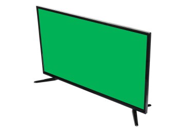 Modern yüksek çözünürlüklü televizyon. Lcd düz ekran, boş yeşil renkli ekran, soyut, bulanık beyaz arka planda izole edilmiş. Teknoloji ve 4K televizyon reklam konsepti. Ayrıntılı stüdyo kapanışı