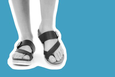 Bayan giysi ayakkabısı. Deri sandalet giyen uzun ince kadın bacakları. Fotokopi alanı olan moda modeli. Klasik ve günlük kıyafet konsepti. Ayrıntılı yakın çekim stüdyo çekimi. Dergi tarzı moda kolajı