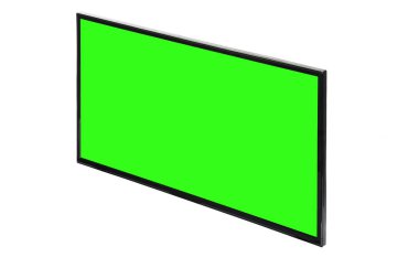 Modern yüksek çözünürlüklü televizyon. Lcd düz ekran, boş yeşil renkli ekran, soyut, bulanık beyaz arka planda izole edilmiş. Teknoloji ve 4K televizyon reklam konsepti. Ayrıntılı stüdyo kapanışı