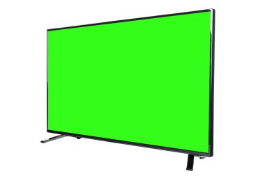 Modern yüksek çözünürlüklü televizyon. Lcd düz ekran, boş yeşil renkli ekran, soyut, bulanık beyaz arka planda izole edilmiş. Teknoloji ve 4K televizyon reklam konsepti. Ayrıntılı stüdyo kapanışı