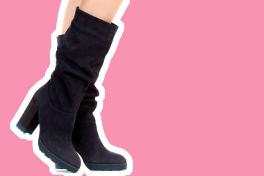 Bayan giysi ayakkabısı. Uzun ince kadın bacakları yüksek topuklu uzun çizme giyer. Fotokopi alanı olan moda modeli. Klasik ve günlük kıyafet konsepti. Ayrıntılı yakın çekim stüdyo çekimi. Dergi tarzı moda kolajı