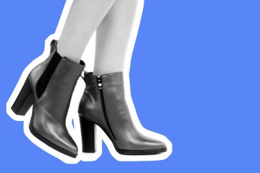 Bayan giysi ayakkabısı. Yüksek topuklu ayakkabı giyen uzun ince kadın bacakları. Fotokopi alanı olan moda modeli. Klasik ve günlük kıyafet konsepti. Ayrıntılı yakın çekim stüdyo çekimi. Dergi tarzı moda kolajı