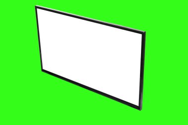 Modern yüksek çözünürlüklü televizyon. Lcd düz ekran, boş beyaz ekran, soyut yeşil krom anahtar arka planda izole. Teknoloji ve 4K televizyon reklam konsepti. Ayrıntılı stüdyo kapanışı