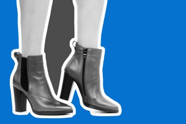 Bayan giysi ayakkabısı. Uzun ince kadın bacakları yüksek topuklu ayakkabı giyer. Fotokopi alanı olan moda modeli. Klasik ve günlük kıyafet konsepti. Ayrıntılı yakın çekim stüdyo çekimi. Dergi tarzı moda kolajı