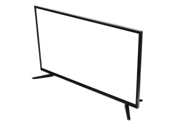 Modern yüksek çözünürlüklü televizyon. Lcd düz ekran ve boş ekran, soyut bulanık beyaz arkaplan üzerinde izole. Teknoloji ve 4K televizyon reklam konsepti. Ayrıntılı stüdyo kapanışı