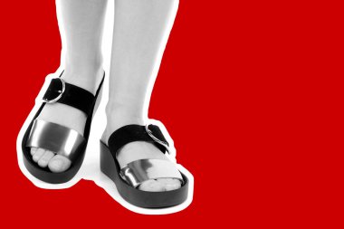 Bayan giysi ayakkabısı. Deri sandalet giyen uzun ince kadın bacakları. Fotokopi alanı olan moda modeli. Klasik ve günlük kıyafet konsepti. Detaylı yakın çekim stüdyo çekimi Magazin tarzı moda kolajı