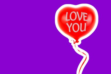 Kırmızı lastik şişme kalp şeklinde balon. Aşk, ilişki, sevgililer günü ve doğum günü kutlaması konsepti. Boş kopya alanı olan dergi tarzı moda kolajı